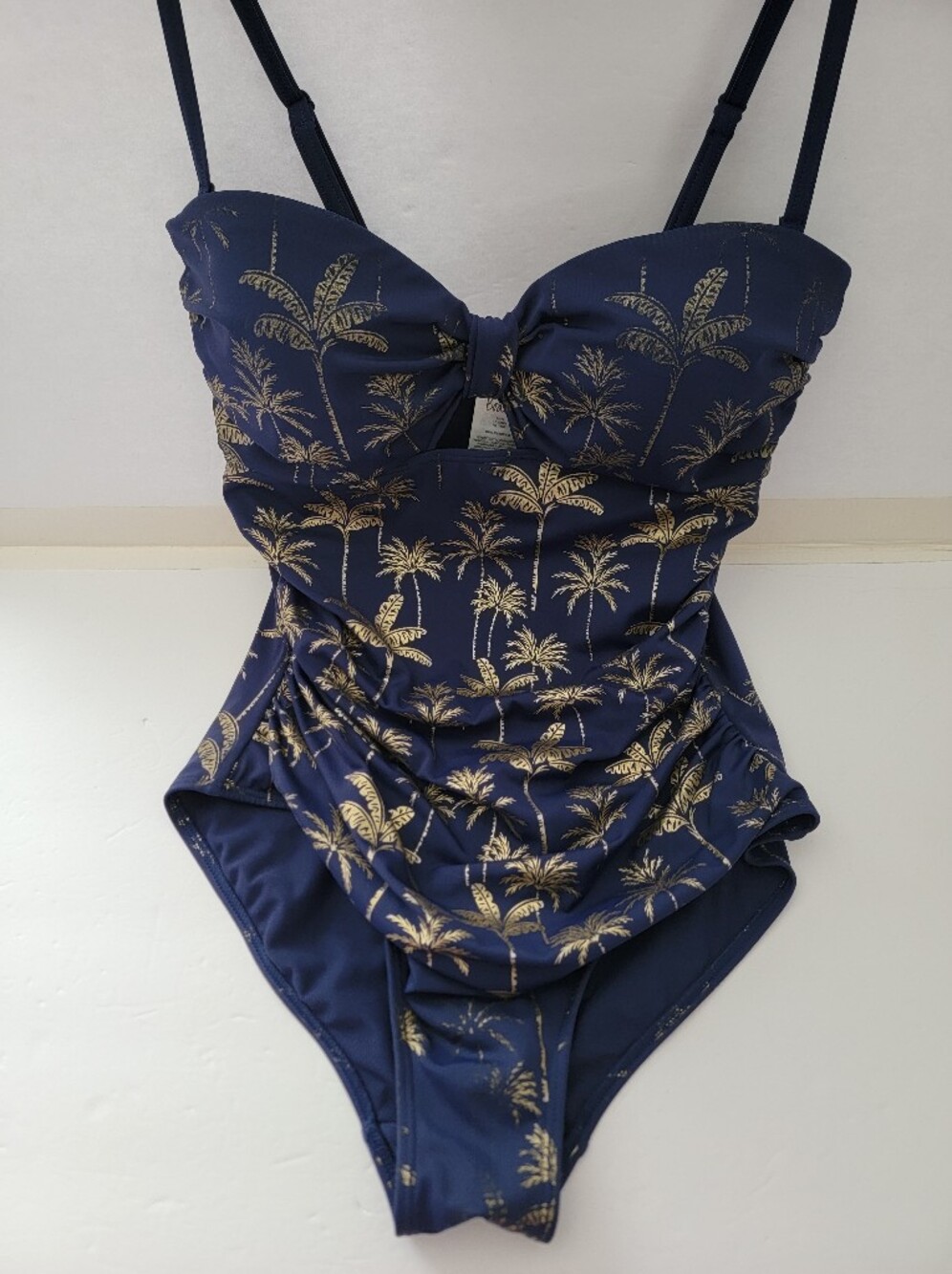 Boden  Navy Blue Gold Foil Palm Tree One Piece Swimsuit Halter Keyhole Sz 10